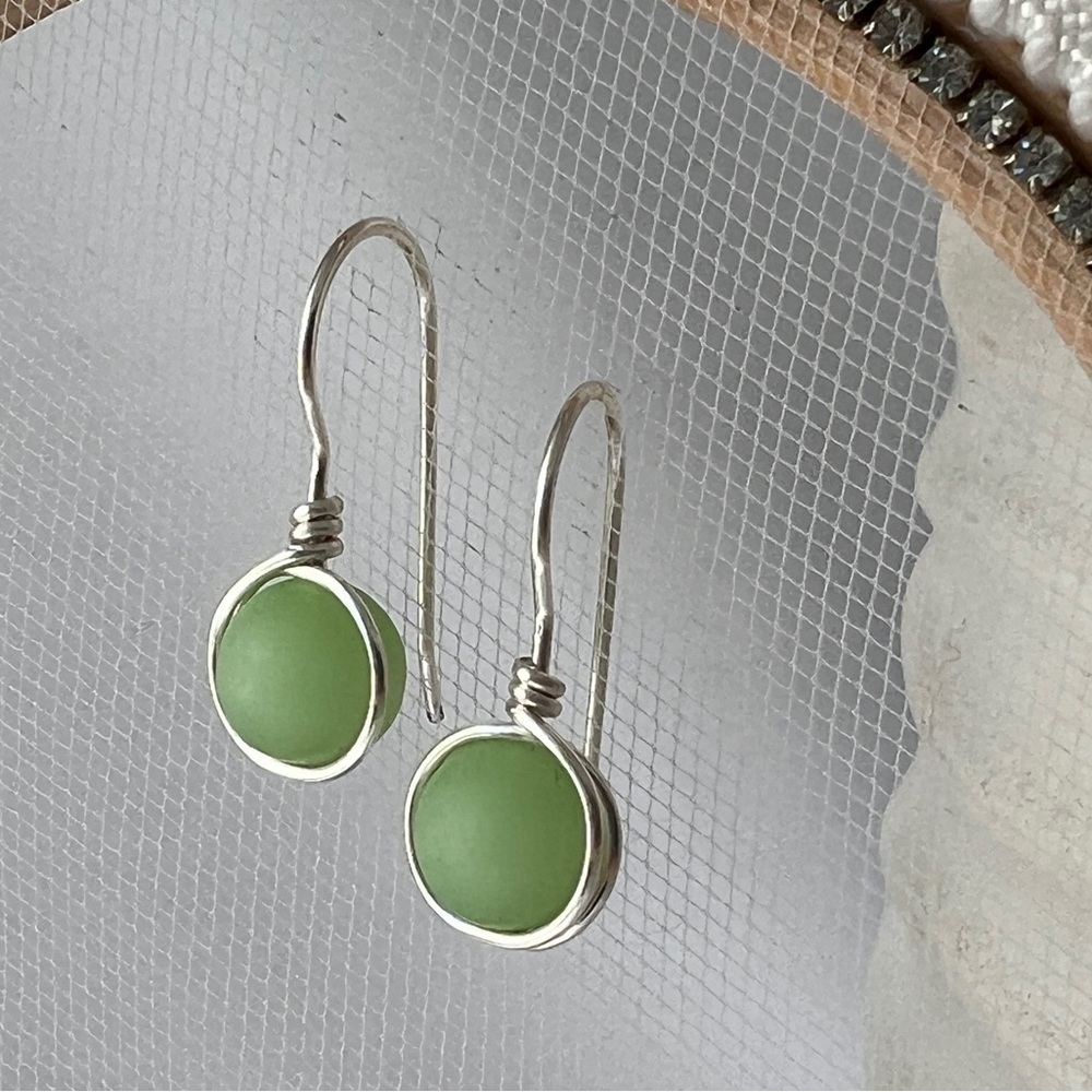 Green Sea Glass Minimalist Wire Wrapped Earrings - Picture 4 of 12